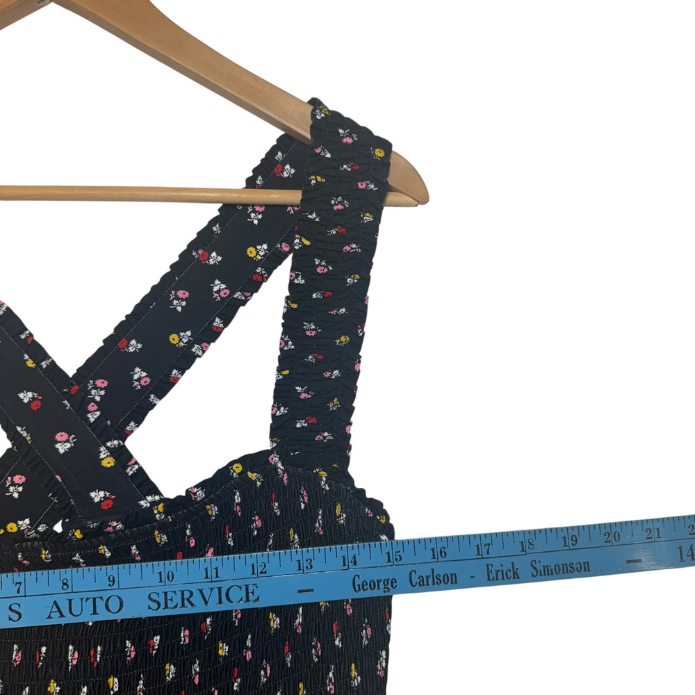 Boden Black Floral Smocked‎ Midi Dress Square Neck Cross Back Feminine 14R - Picture 6 of 9